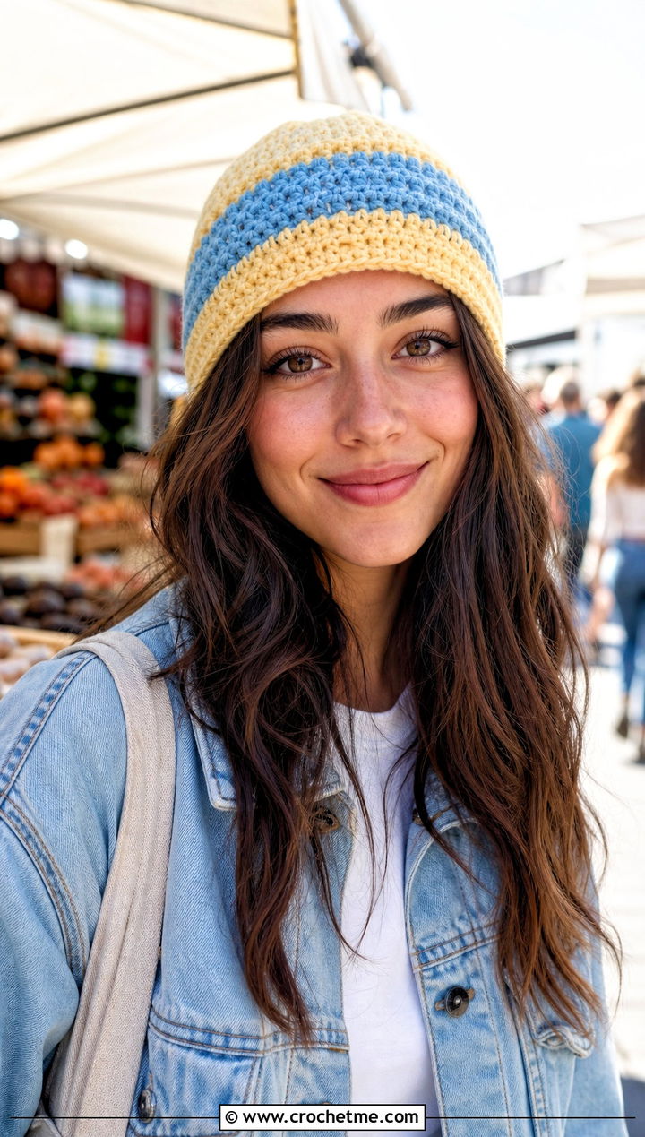 Striped Two Tone Crochet Beanie With Denim Jacket - 15 two tone crochet beanie outfit ideas