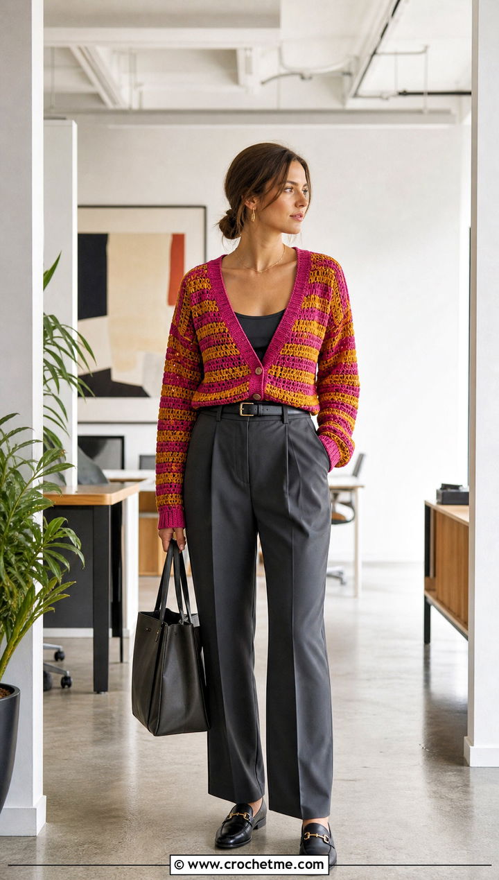 Striped V Neck Crochet Cardigan With Tailored Trousers - 30 two color crochet cardigan outfit ideas