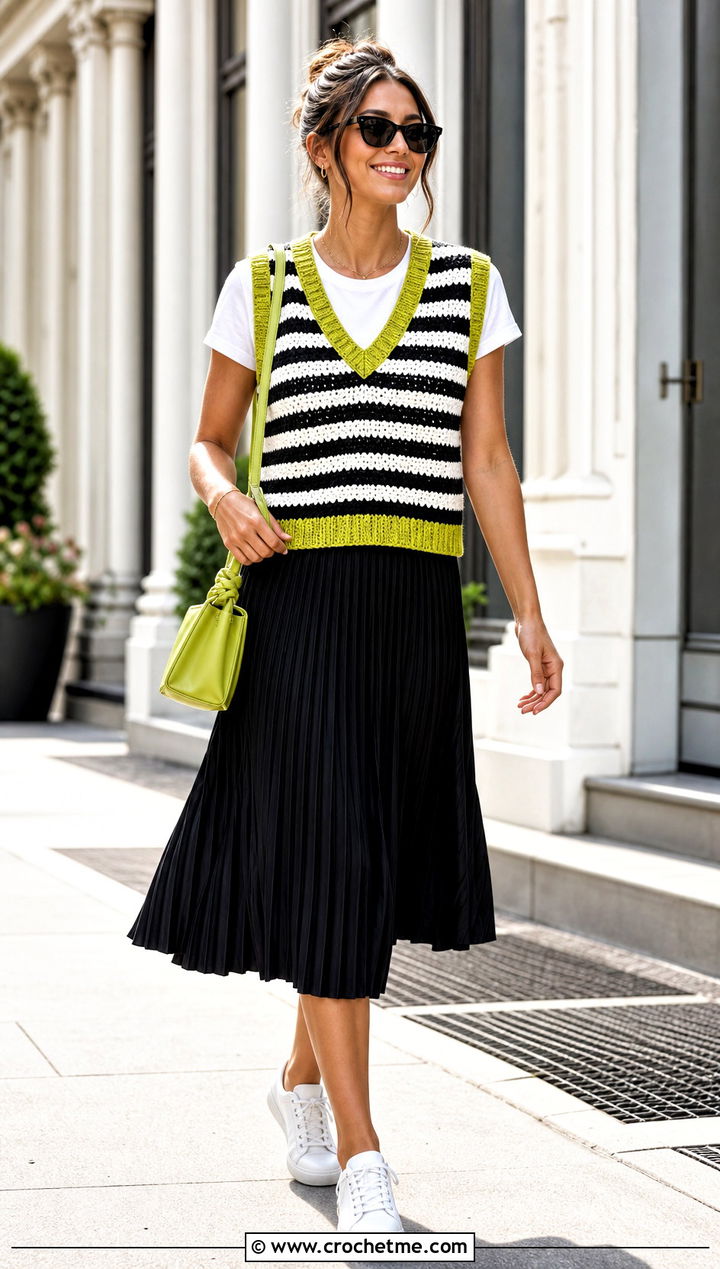 Striped V Neck Crochet Vest With Pleated Skirt - 30 black and white crochet vest outfit ideas