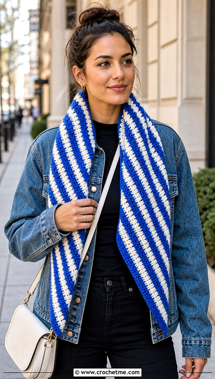 Striped V Stitch Crochet Scarf With Denim Jacket - 25 v stitch crochet scarf outfit ideas