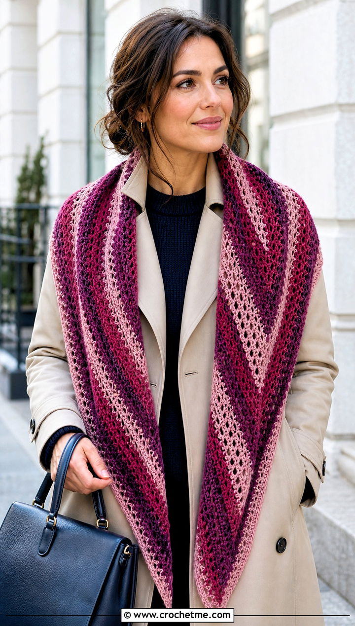 Striped V Stitch Crochet Shawl With Trench Coat - 25 V Stitch Crochet Shawl outfit ideas