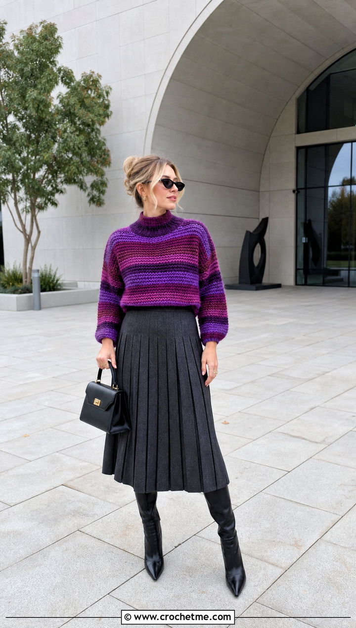 Striped Velma Crochet Sweater With Pleated Midi Skirt - 15 Velma Crochet Sweater outfit ideas