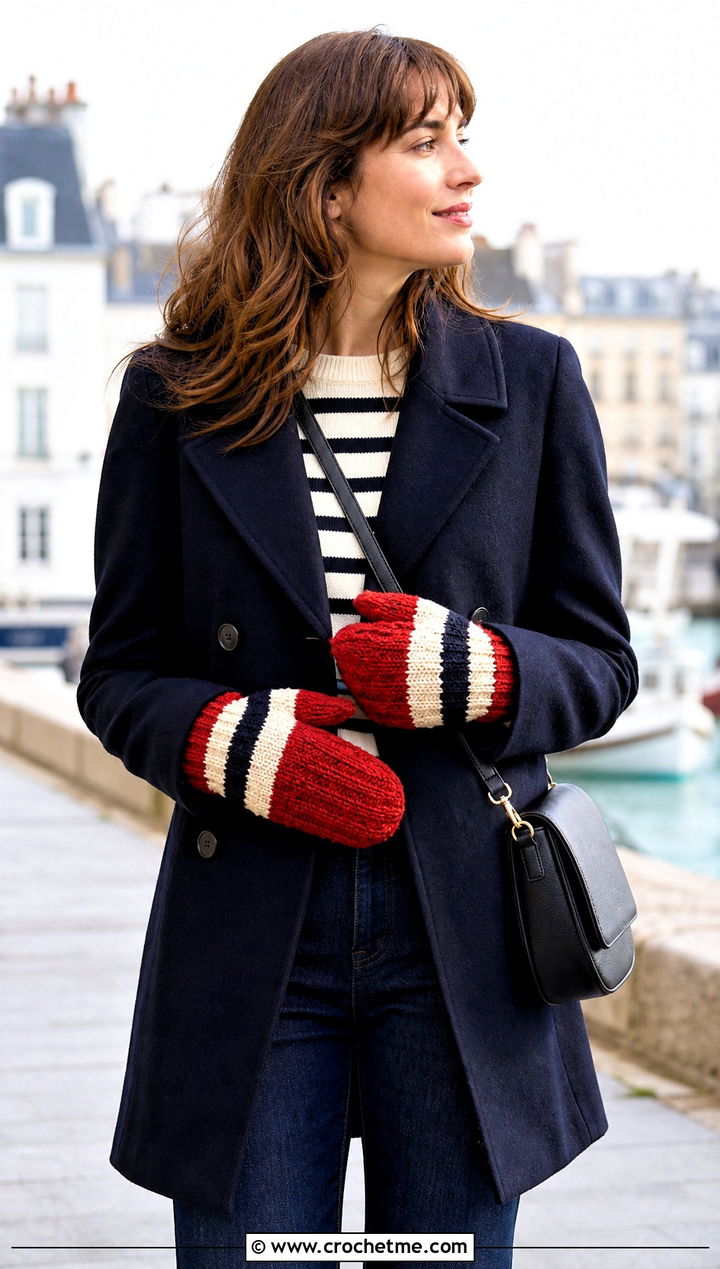 Striped Velvet Crochet Mittens With Peacoat - 20 velvet crochet mittens outfit ideas