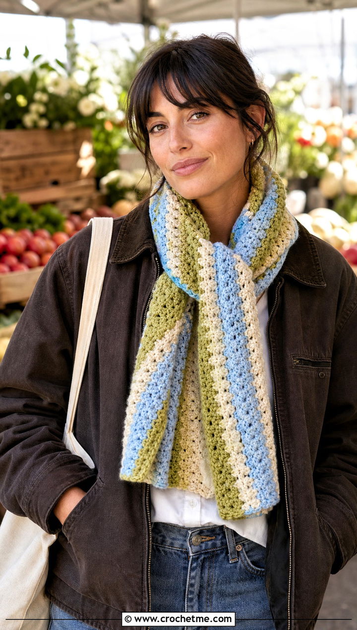 Striped Velvet Crochet Scarf With Barn Jacket - 25 Velvet Crochet Scarf outfit ideas
