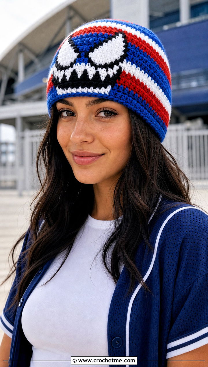 Striped Venom Crochet Beanie With Sporty Jersey - 25 venom crochet beanie outfit ideas