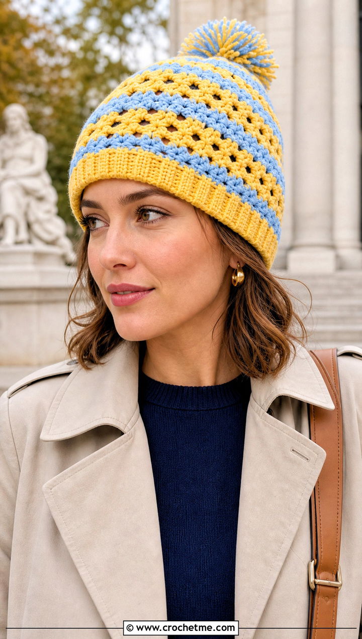 Striped Vintage Vibes Beanie With Trench Coat - 15 Vintage Vibes Beanie By The Crochet Fix outfit ideas