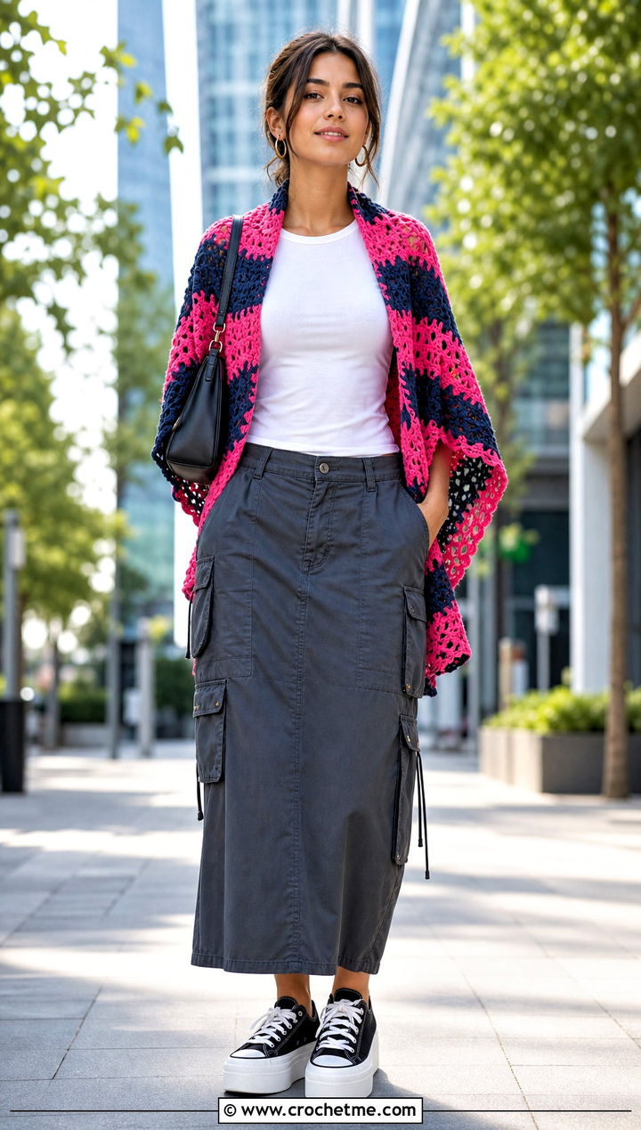 Striped Virus Shawl With Cargo Skirt - 35 crochet virus shawl outfit ideas