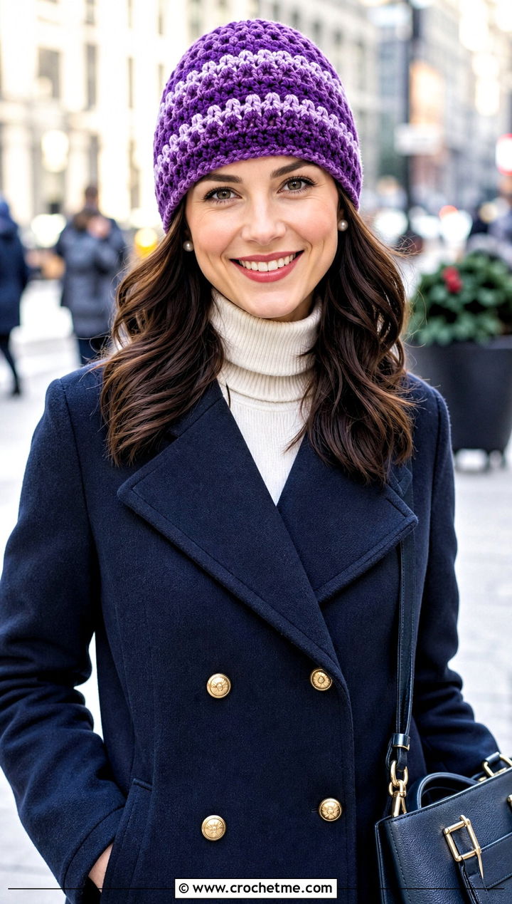 Striped Waffle Crochet Beanie With Peacoat - 20 waffle crochet beanie outfit ideas