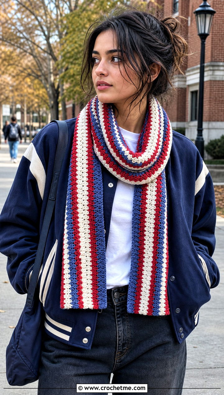 Striped Waffle Crochet Scarf With Varsity Jacket - 25 Waffle Crochet Scarf outfit ideas