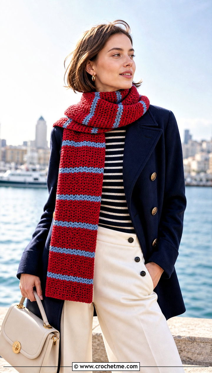 Striped Waffle Stitch Crochet Scarf With Peacoat - 30 waffle stitch crochet scarf outfit ideas