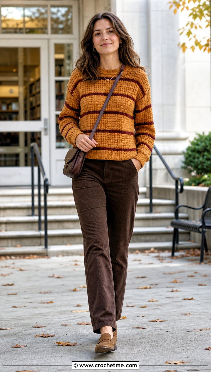 Striped Waffle Stitch Crochet Sweater With Corduroy Pants - 30 waffle stitch crochet sweater outfit ideas