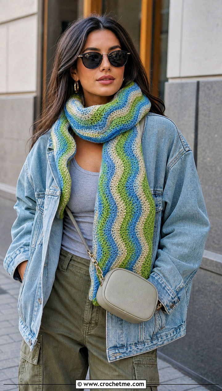 Striped Wave Crochet Scarf With Denim Jacket and Cargo Pants - 25 wavy crochet scarf outfit ideas