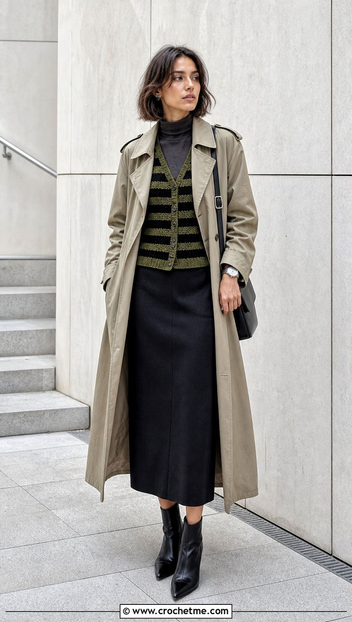 Striped Wednesday Crochet Vest With Trench Coat - 30 wednesday crochet vest outfit ideas