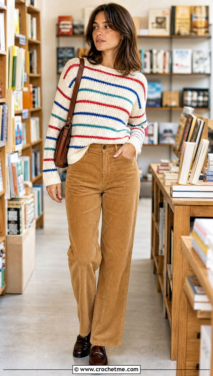 Striped White Crochet Sweater With Corduroy Pants - 35 crochet white sweater outfit ideas