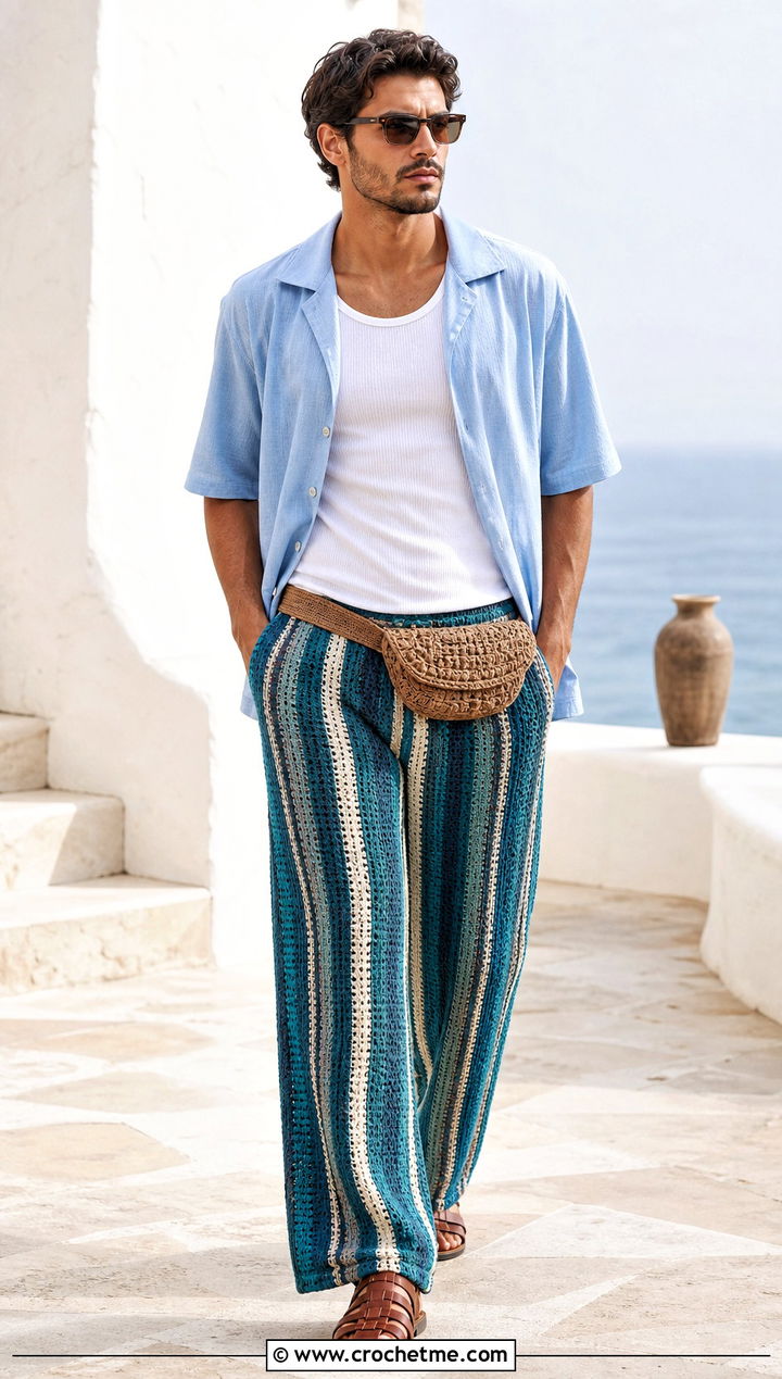 Striped Wide Leg Crochet Pants With Camp Collar Shirt - 35 crochet pants men outfit ideas