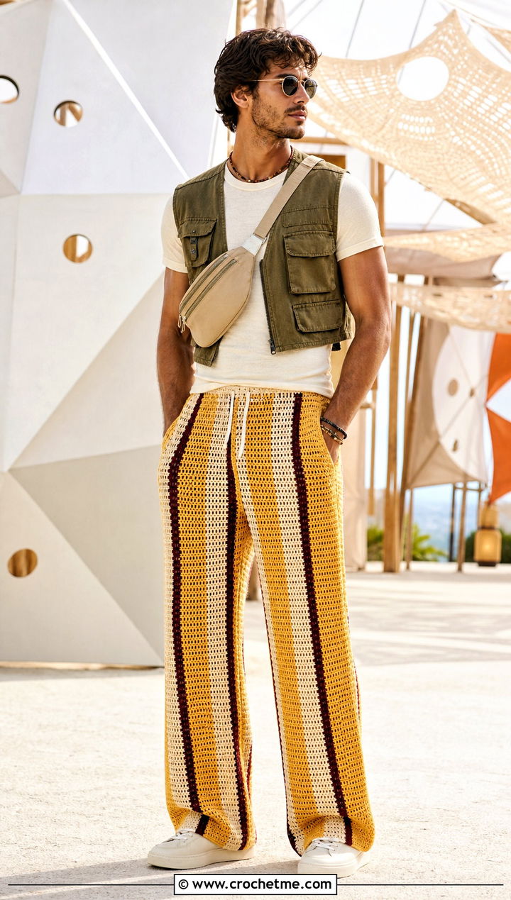 Striped Wide Leg Crochet Pants With Utility Vest - 15 crochet men pants outfit ideas