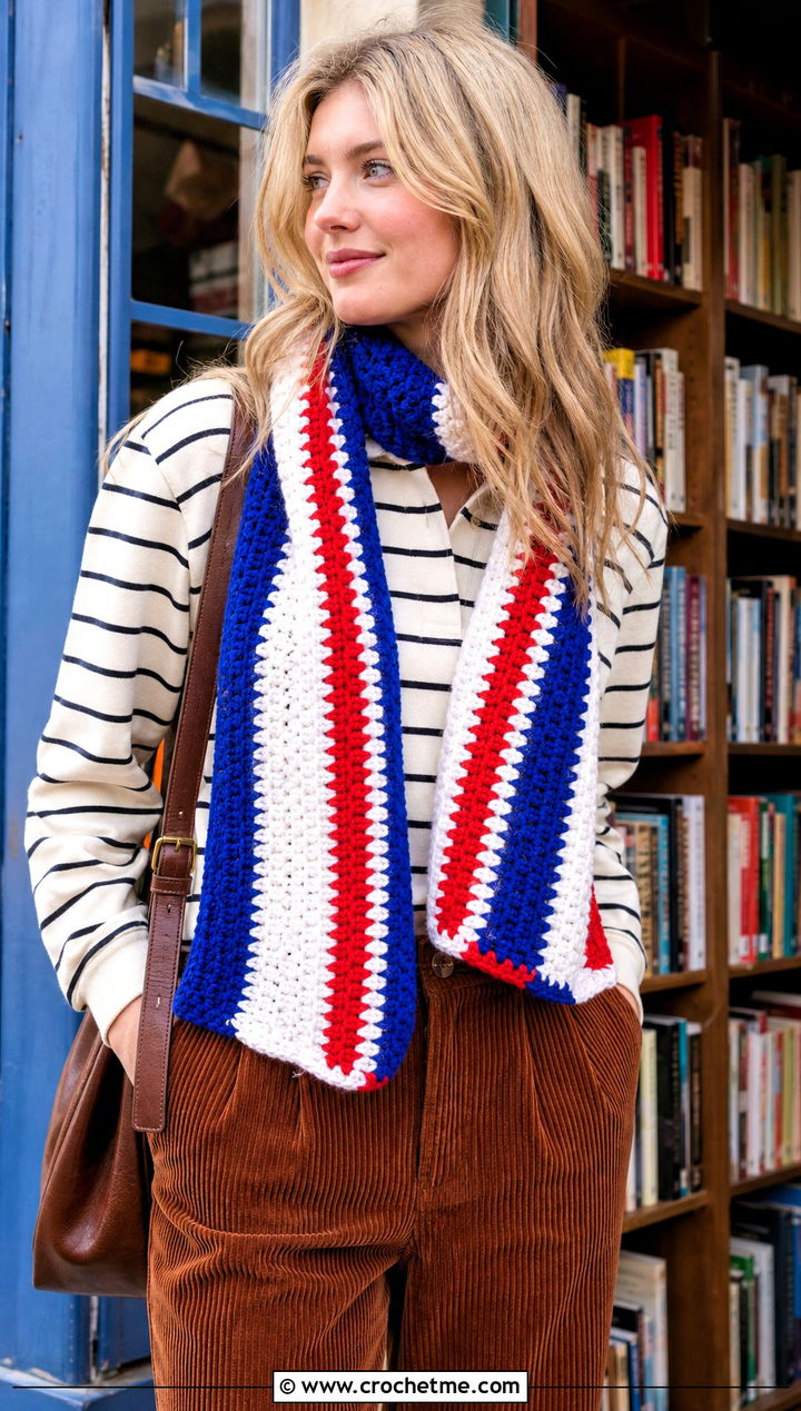 Striped Wide Scarf With Rugby Shirt And Corduroy Pants - 20 Crochet Wide Scarf outfit ideas