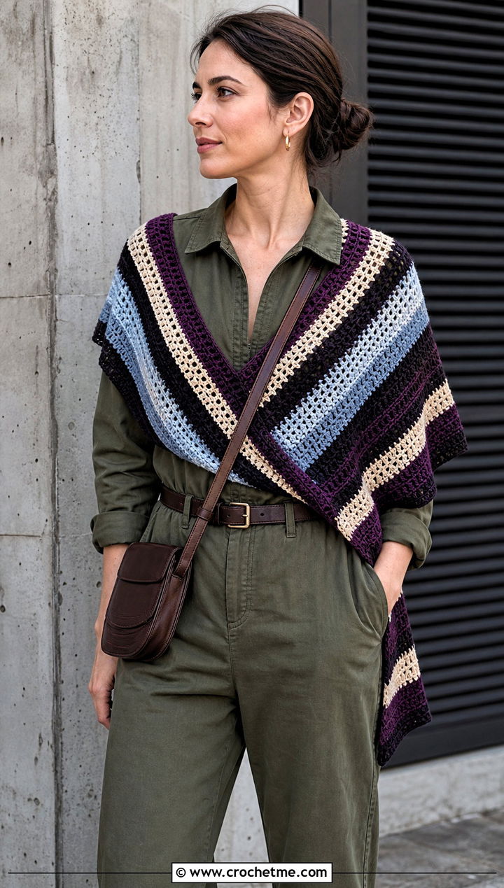 Striped Wingspan Shawl With Utility Jumpsuit - 15 Crochet Wingspan Shawl outfit ideas