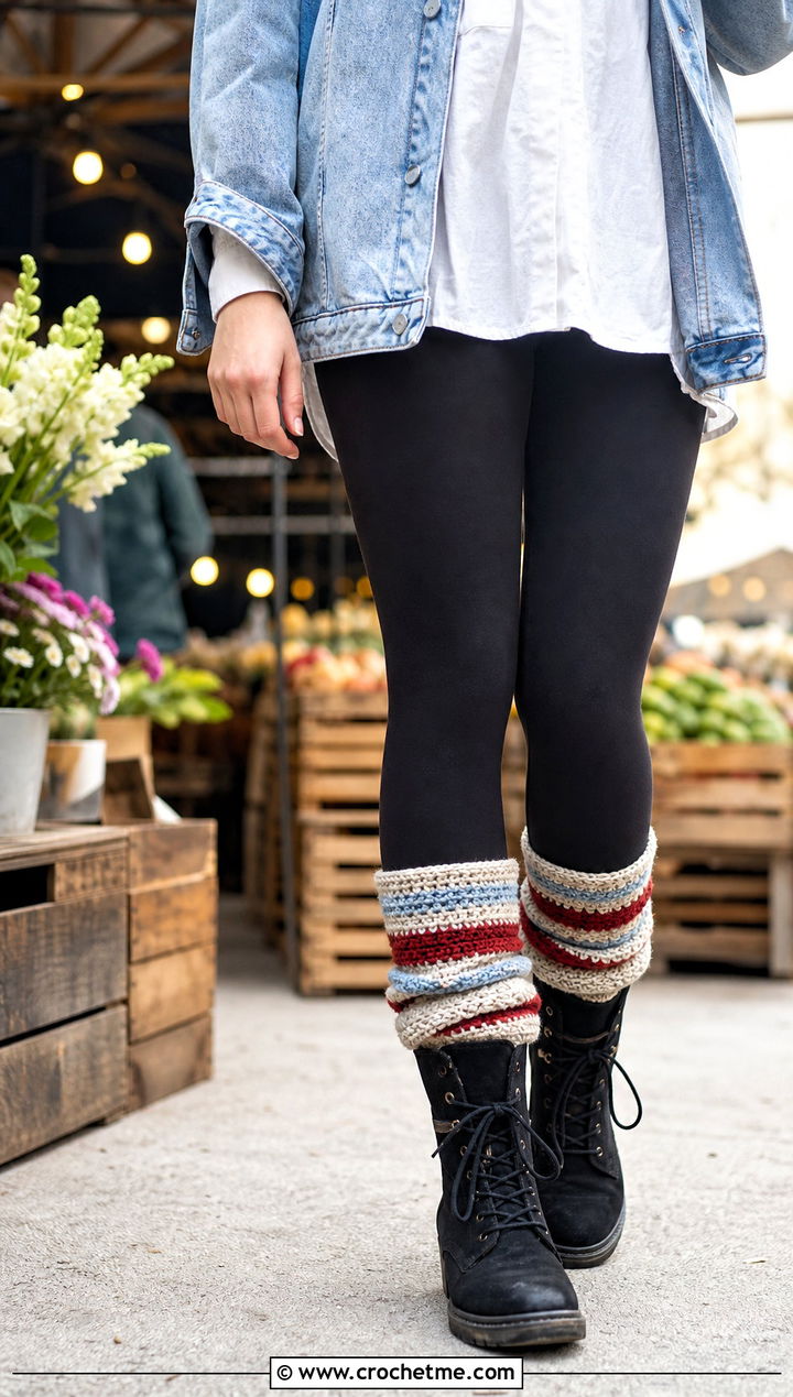 Striped Wool Crochet Boot Socks With Denim Jacket - 20 Wool Crochet Sock outfit ideas