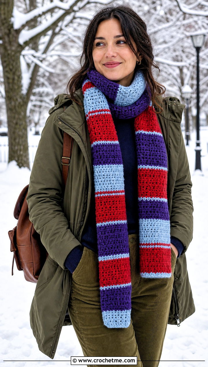 Striped Wool Crochet Sally Scarf With Parka And Boots - 20 Crochet Sally Scarf outfit ideas