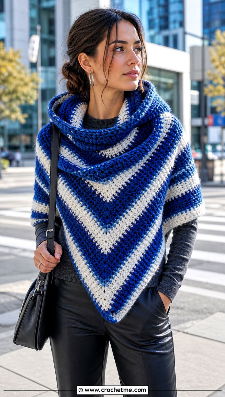 Striped Wool Hooded Triangle Crochet Shawl With Leather Pants - 25 Hooded Triangle Crochet Shawl outfit ideas