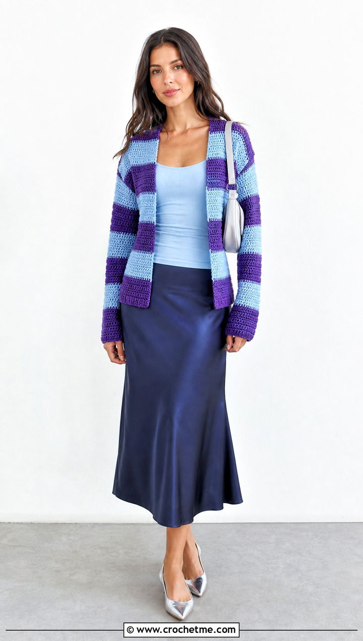 Striped Worsted Weight Crochet Cardigan With Satin Skirt - 25 Worsted Weight Crochet Cardigan outfit ideas