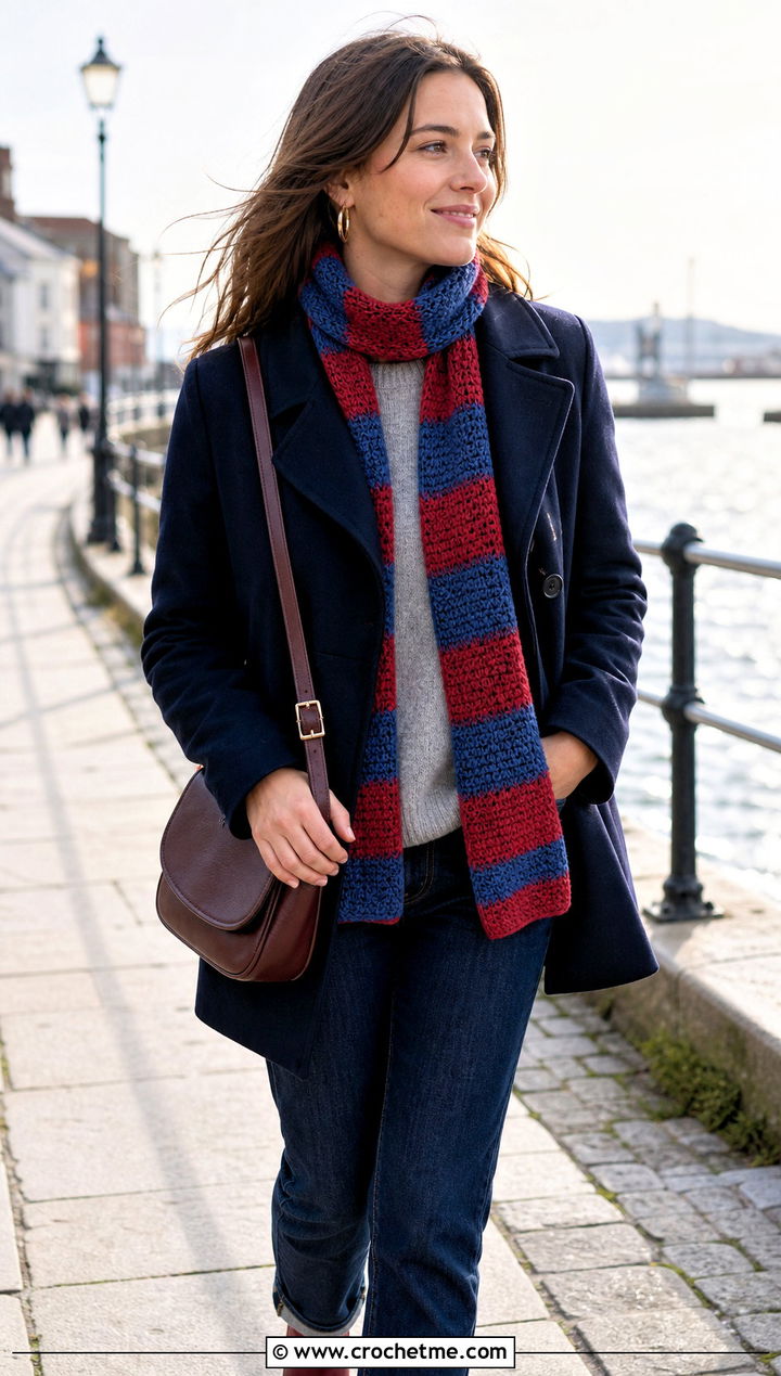 Striped Worsted Weight Crochet Scarf With Peacoat - 20 Crochet Scarf Worsted Weight Yarn outfit ideas
