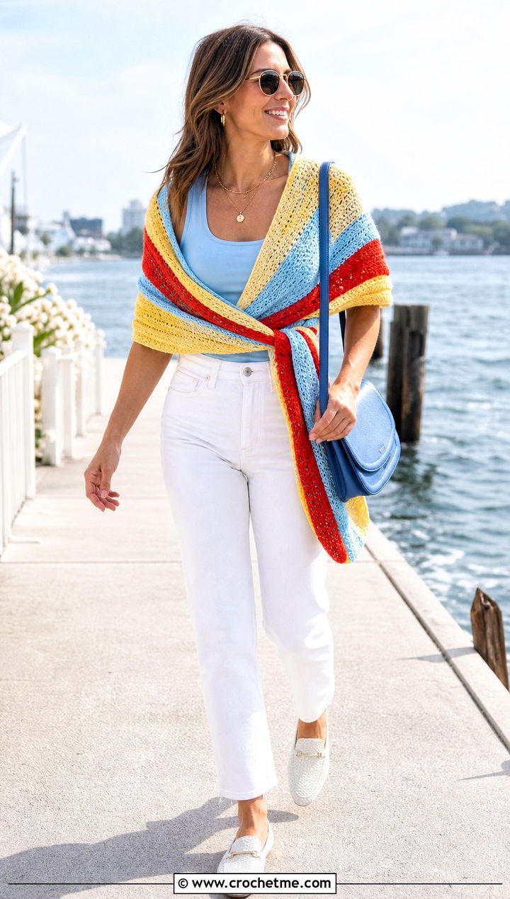 Striped Wrap Around Shrug With White Denim - 25 crochet wrap around shrug with sleeves outfit ideas