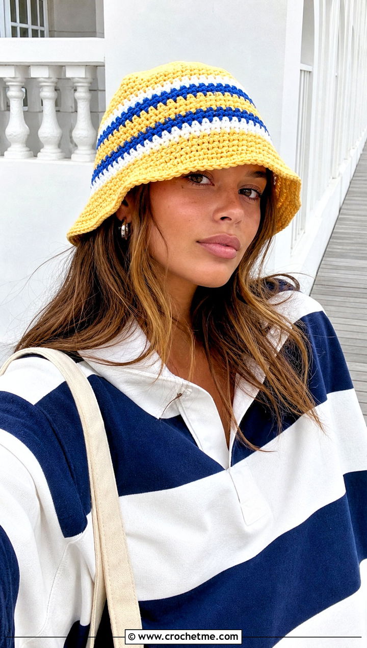 Striped Yellow Crochet Bucket Hat With Rugby Shirt And Shorts - 30 yellow crochet bucket hat outfit ideas