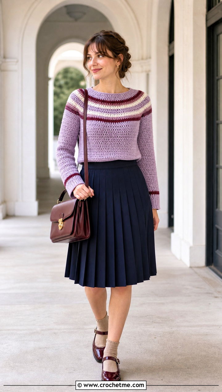 Striped Yoke Crochet Sweater With Pleated Skirt - 25 Yoke Down Crochet Sweater outfit ideas
