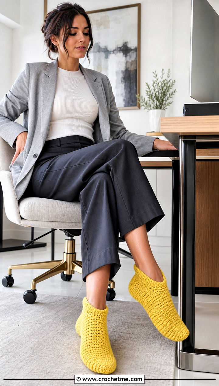 Strong Heel Crocheted Slipper Socks With Blazer And Wide Leg Pants - 15 Crocheted Slipper Socks outfit ideas