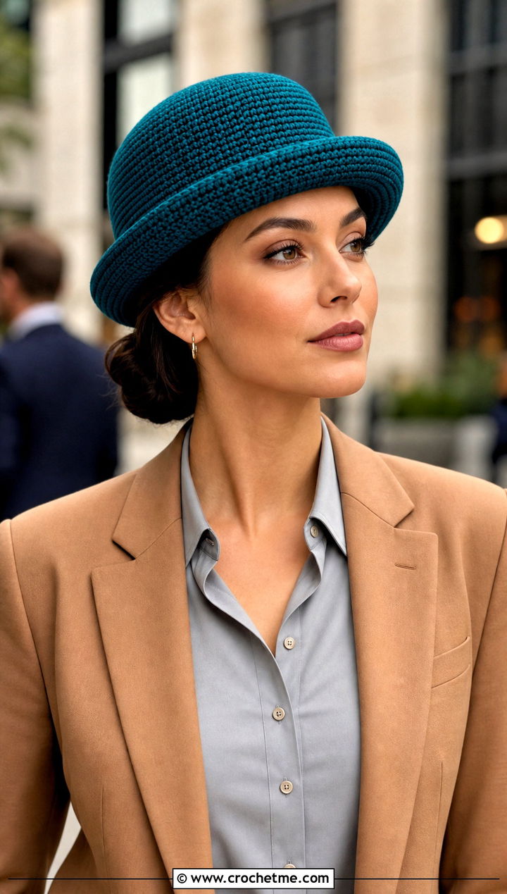 Structured Bowler Crochet Derby Hat With Tailored Trousers - 25 Crochet Derby Hat outfit ideas