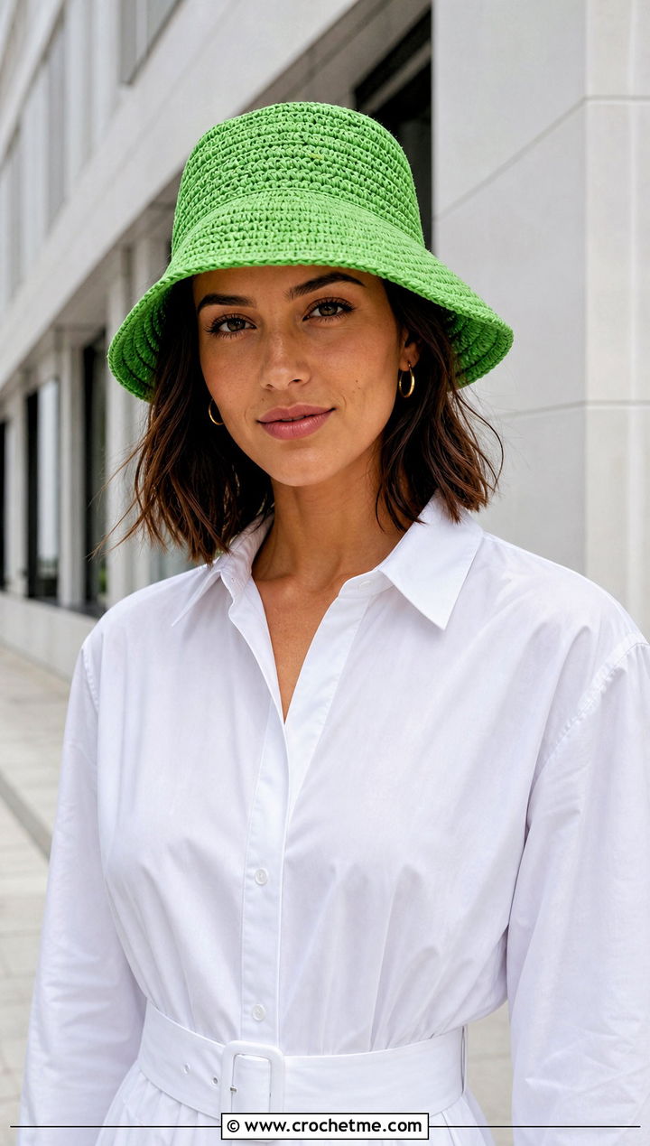 Structured Brim Crochet Raffia Bucket Hat With Shirt Dress - 25 crochet raffia bucket hat outfit ideas