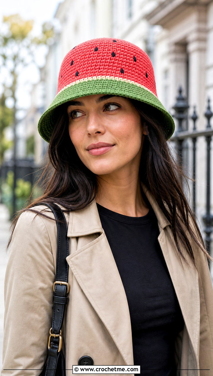 Structured Brim Crochet Watermelon Bucket Hat With Trench Coat And Jeans - 30 crochet watermelon bucket hat outfit ideas