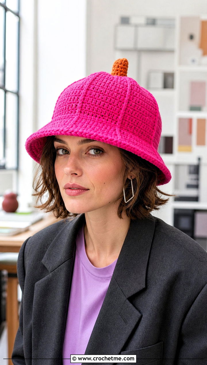 Structured Brim Pumpkin Bucket Hat With Pantsuit - 30 crochet pumpkin bucket hat outfit ideas