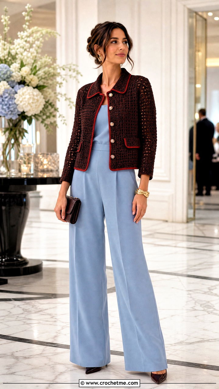 Structured Brown Crochet Jacket Cardigan With Jumpsuit - 35 Brown Crochet Cardigan outfit ideas