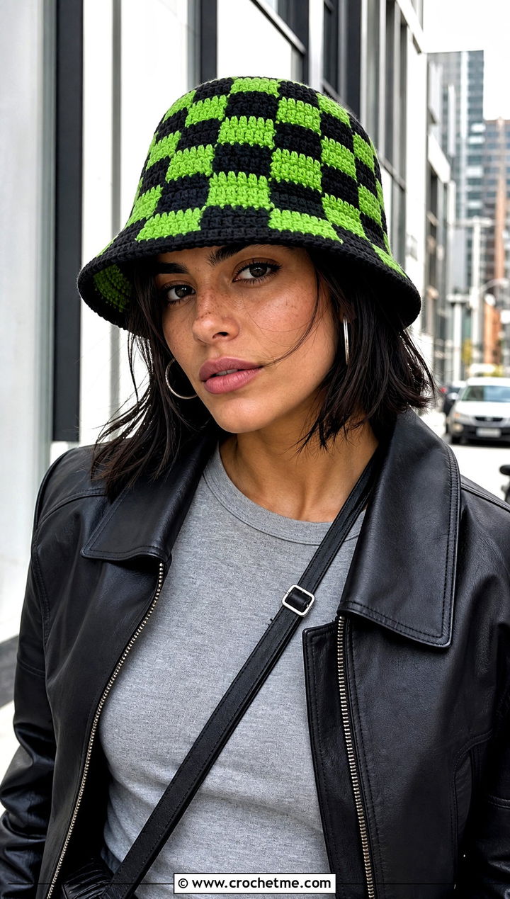 Structured Checkerboard Crochet Bucket Hat With Leather Jacket - 20 checkerboard crochet bucket hat outfit ideas