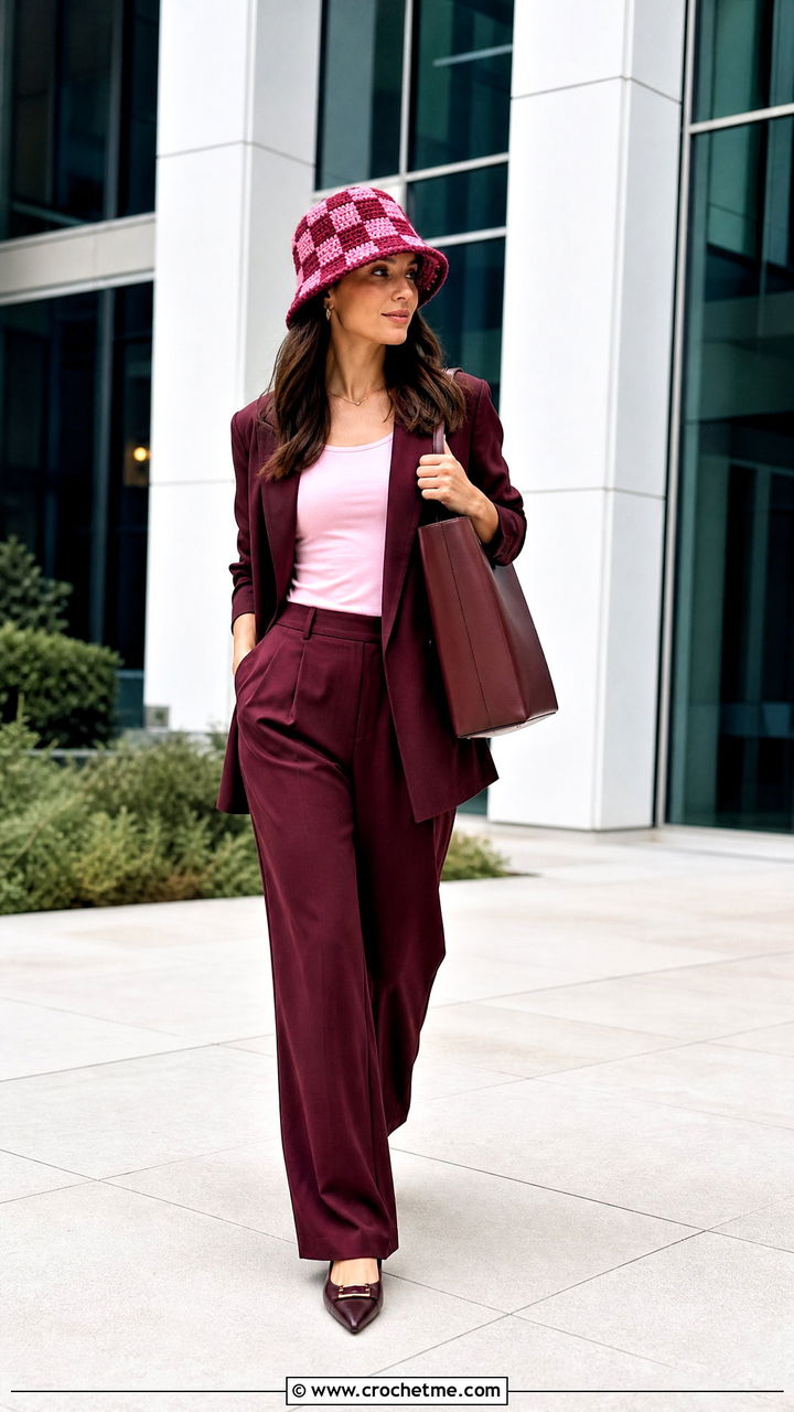 Structured Checkered Crochet Bucket Hat With Trouser Suit - 35 crochet checkered bucket hat outfit ideas
