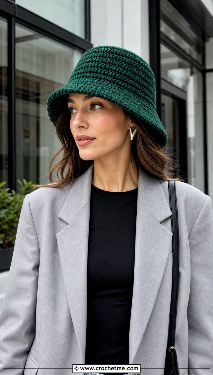 Structured Chunky Bucket Hat With Trouser Suit - 30 crochet chunky bucket hat outfit ideas