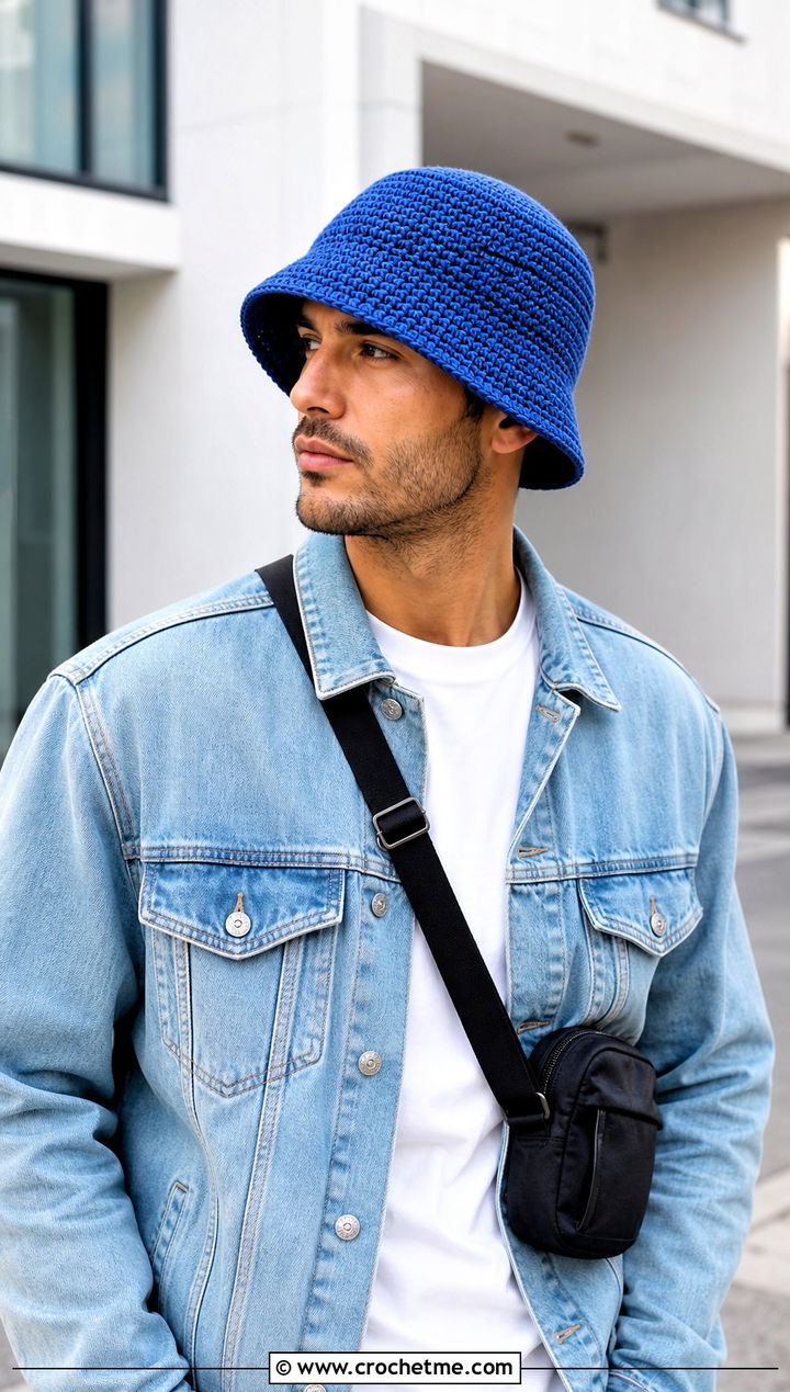 Structured Crochet Bucket Hat With Denim Jacket - 15 Crochet Mens Hat With Brim outfit ideas