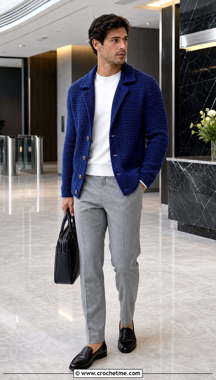 Structured Crochet Cardigan Jacket With Suit Pants - 30 crochet man cardigan outfit ideas