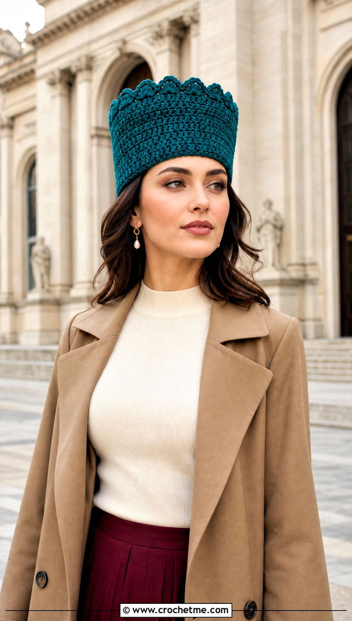 Structured Crochet Crown Hat With Trench Coat And Midi Skirt - 25 Crochet Dreadlock Hat outfit ideas