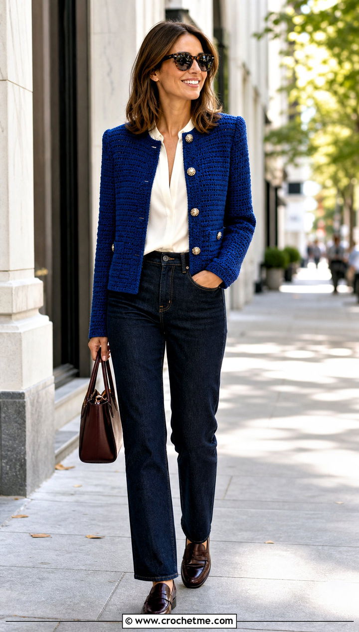 Structured Crochet Jacket With Silk Blouse And Jeans - 30 Fall Crochet Clothes Ideas