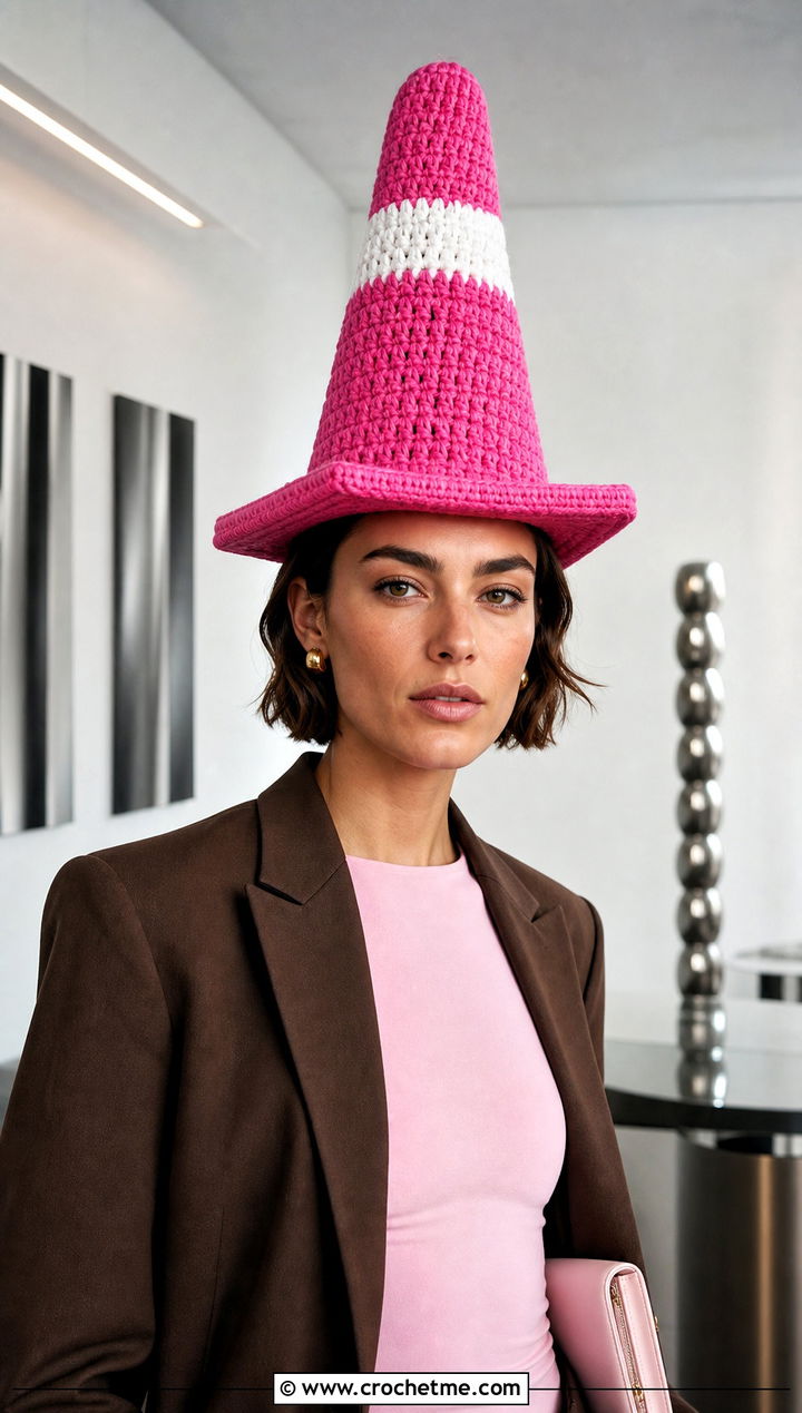 Structured Crochet Traffic Cone Hat With Wide Leg Suit - 25 crochet traffic cone hat outfit ideas