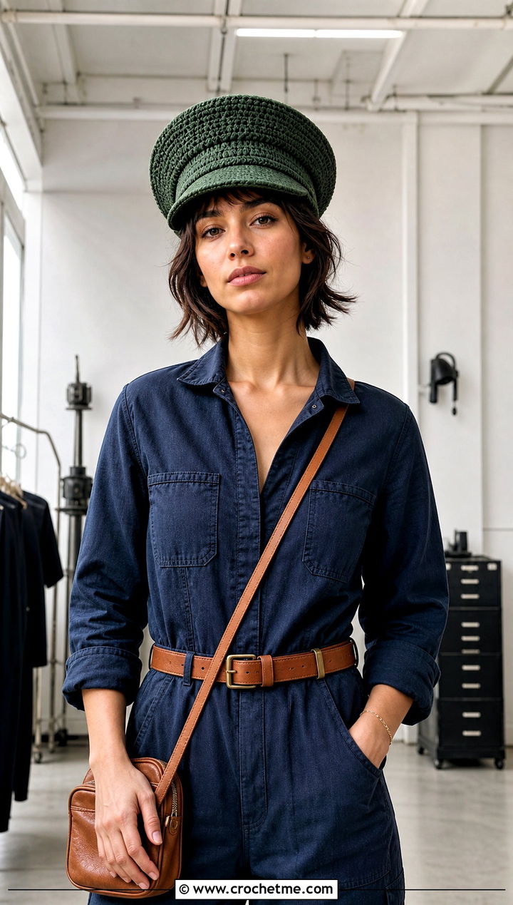 Structured Crown Crochet Police Hat With Utility Jumpsuit - 30 crochet police hat outfit ideas