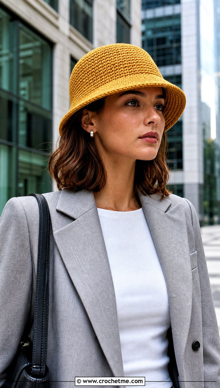 Structured Yellow Crochet Bucket Hat With Blazer And Trousers - 30 yellow crochet bucket hat outfit ideas