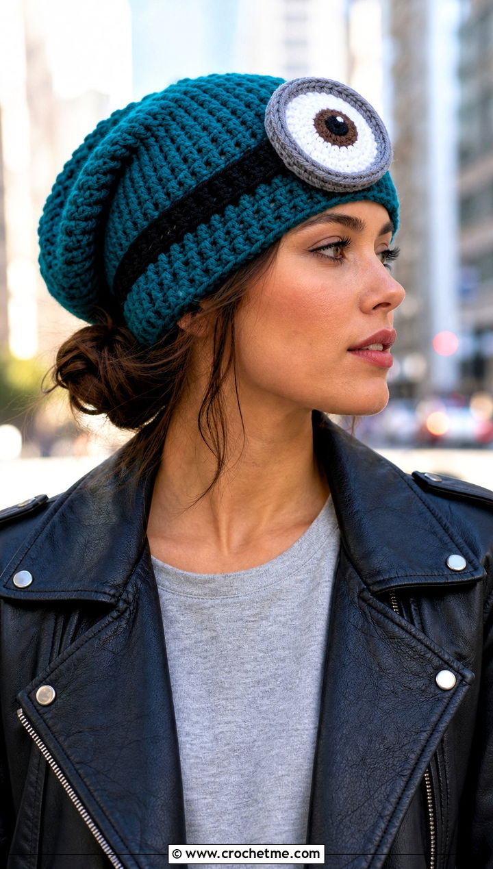 Stuart Minion Crochet Slouchy Hat With Leather Jacket - 15 Minion Crochet Hat outfit ideas