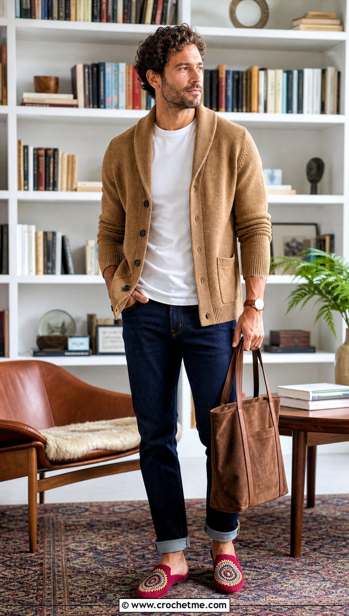 Suede Sole Crochet Slippers With Cardigan and Dark Denim - 35 mens crochet slippers outfit ideas