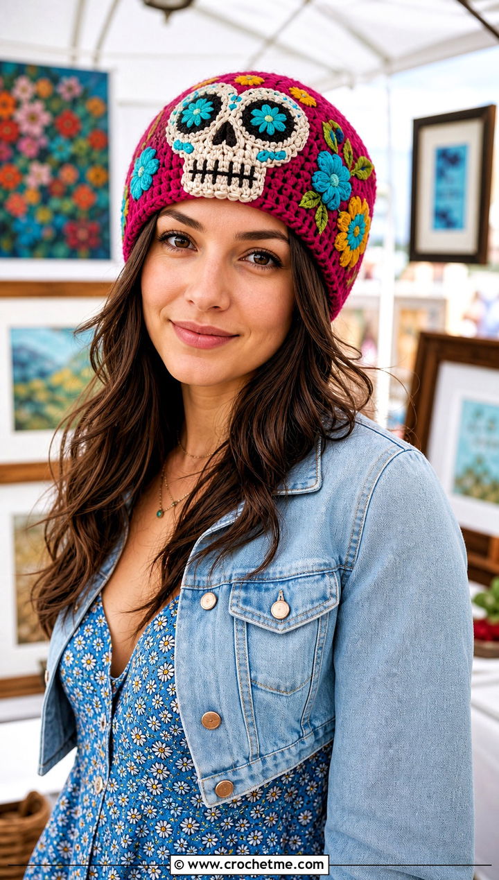 Sugar Skull Crochet Beanie With Floral Midi Dress - 30 crochet skull beanie outfit ideas
