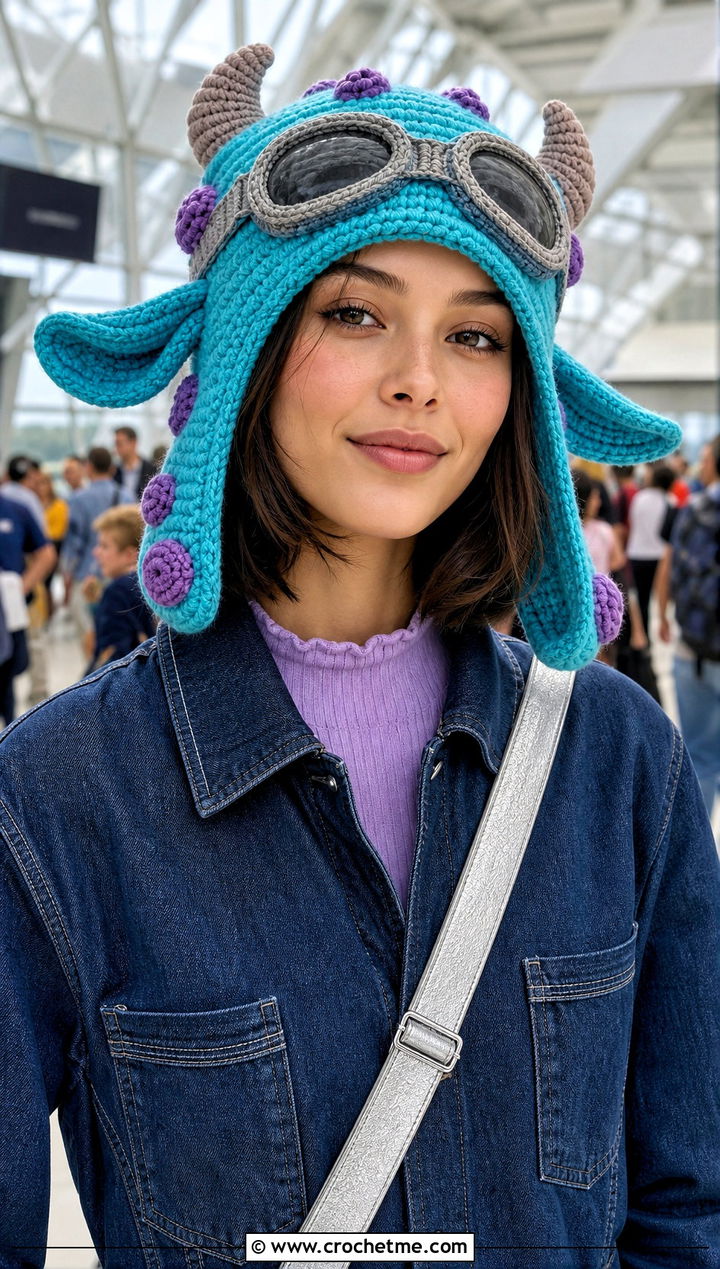 Sulley Crochet Aviator Hat With Denim Jumpsuit - 25 Monsters Inc Crochet Hat outfit ideas